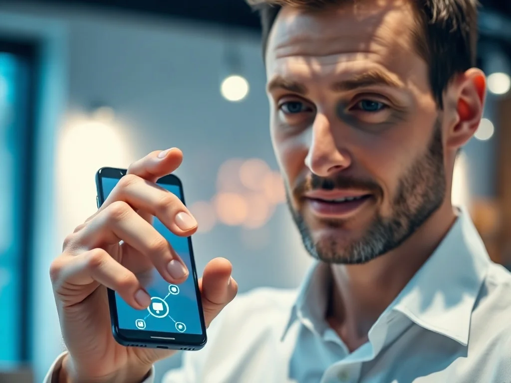 Mężczyzna trzyma smartfon z ikoną cyfrowego połączenia, symbolizującą integrację konta Google z Facebookiem.