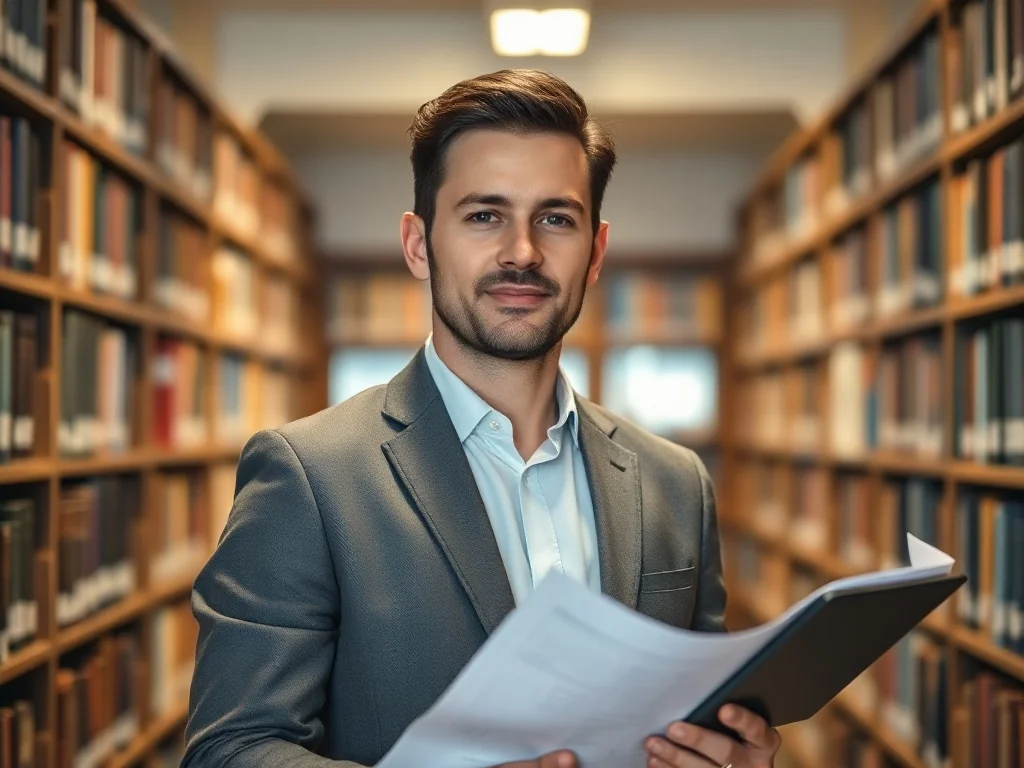 Profesjonalny inżynier z planem budowy i tabletem na tle biblioteki uniwersyteckiej, symbolizujący wykształcenie techniczne.