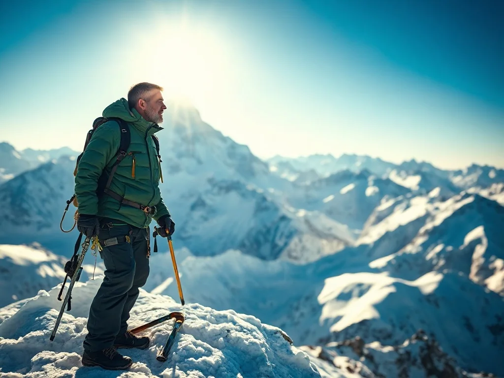 Alpinista w pełnym ekwipunku wpatruje się w szczyt Mount Everestu na tle ośnieżonych Himalajów.