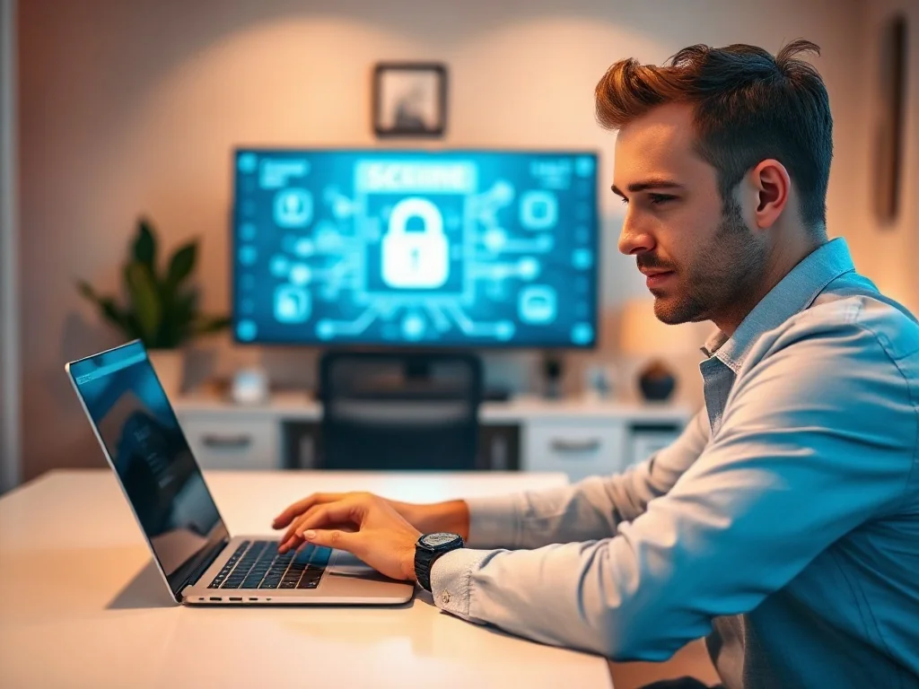 Mężczyzna przy laptopie logujący się do systemu e-Urząd Skarbowy w domowym biurze.