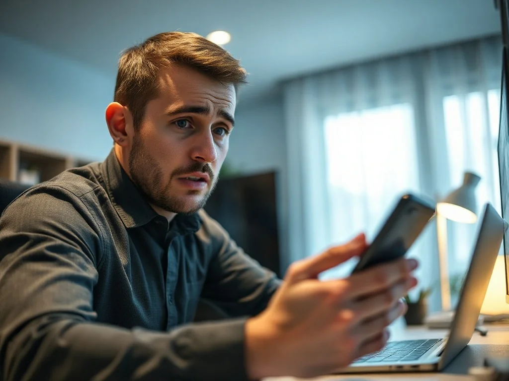 Zaniepokojony mężczyzna trzymający smartfon w domowym biurze, ilustrujący zagrożenie oszustwem telefonicznym.