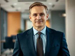 Podporucznik w nowoczesnym mundurze wojskowym na tle profesjonalnego biura.