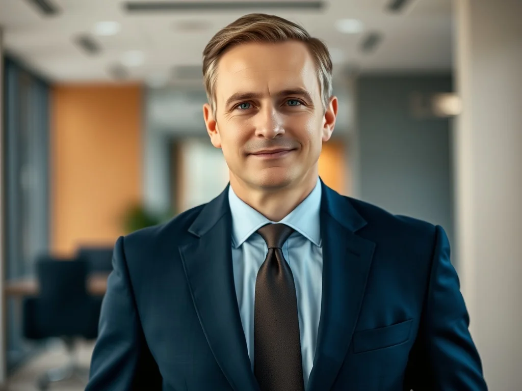 Profesjonalny portret mężczyzny w garniturze w nowoczesnym biurze, budujący wizerunek eksperta i dyplomaty.