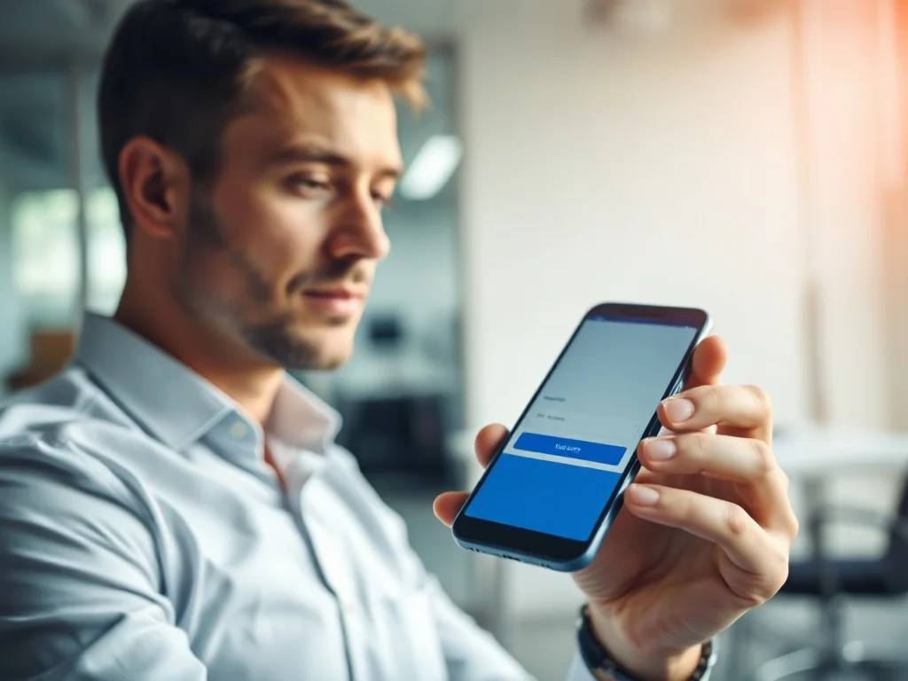 Mężczyzna loguje się do portalu finansowego na smartfonie, korzystając z aplikacji w biurowym otoczeniu.