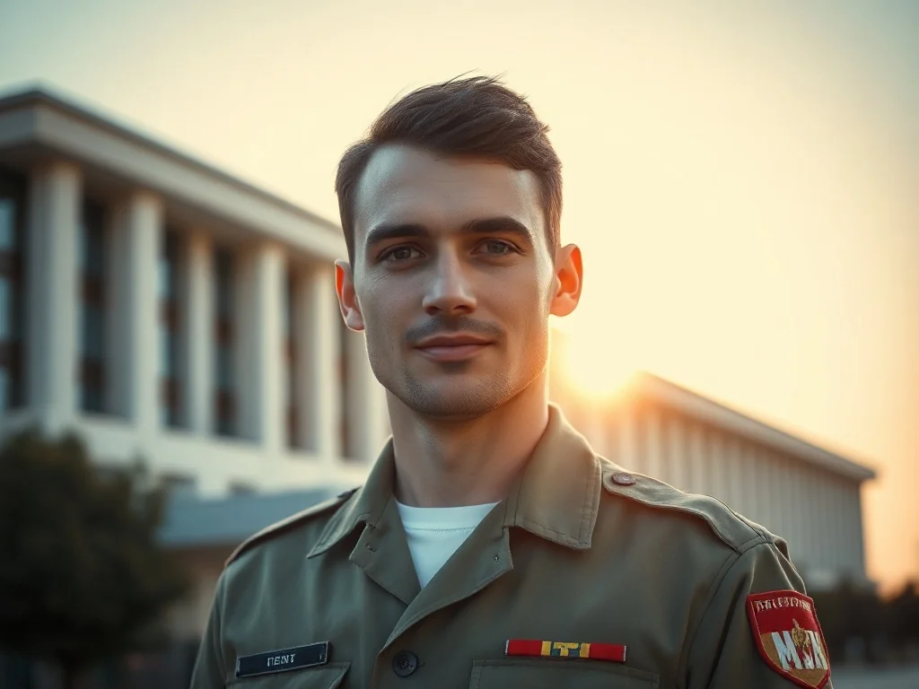 Profesjonalny portret oficera w mundurze galowym na tle budynku sztabu wojskowego.