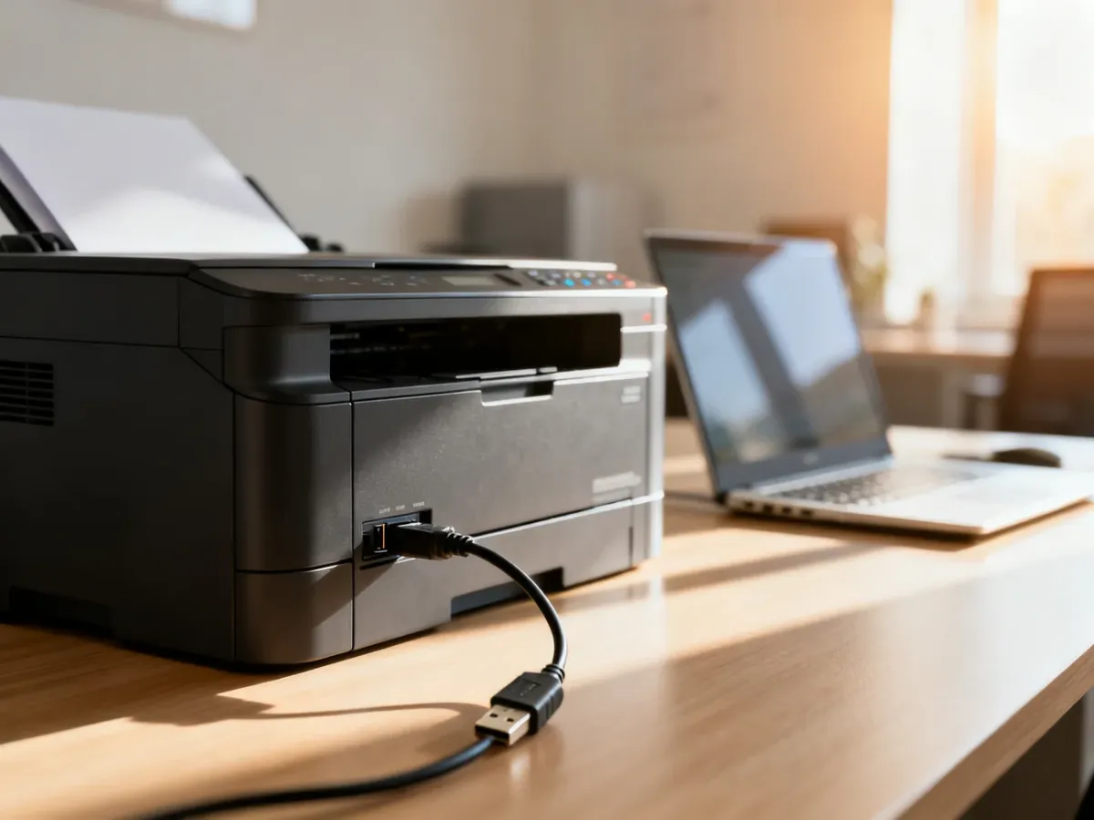 Nowoczesna drukarka laserowa na biurku podczas podłączania kabla USB do komputera w domowym biurze.