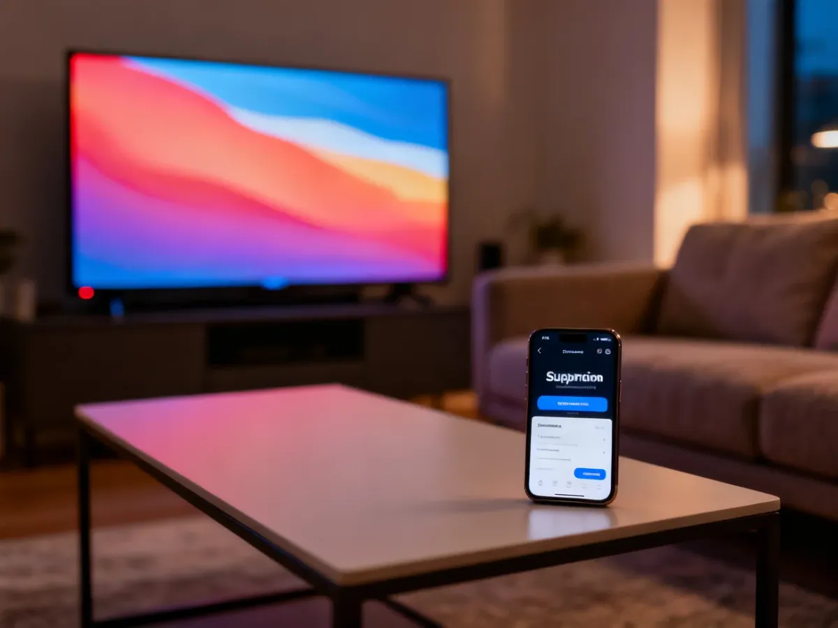 Nowoczesny salon z telewizorem i smartfonem, na którym wyświetlany jest interfejs subskrypcji serwisu streamingowego.