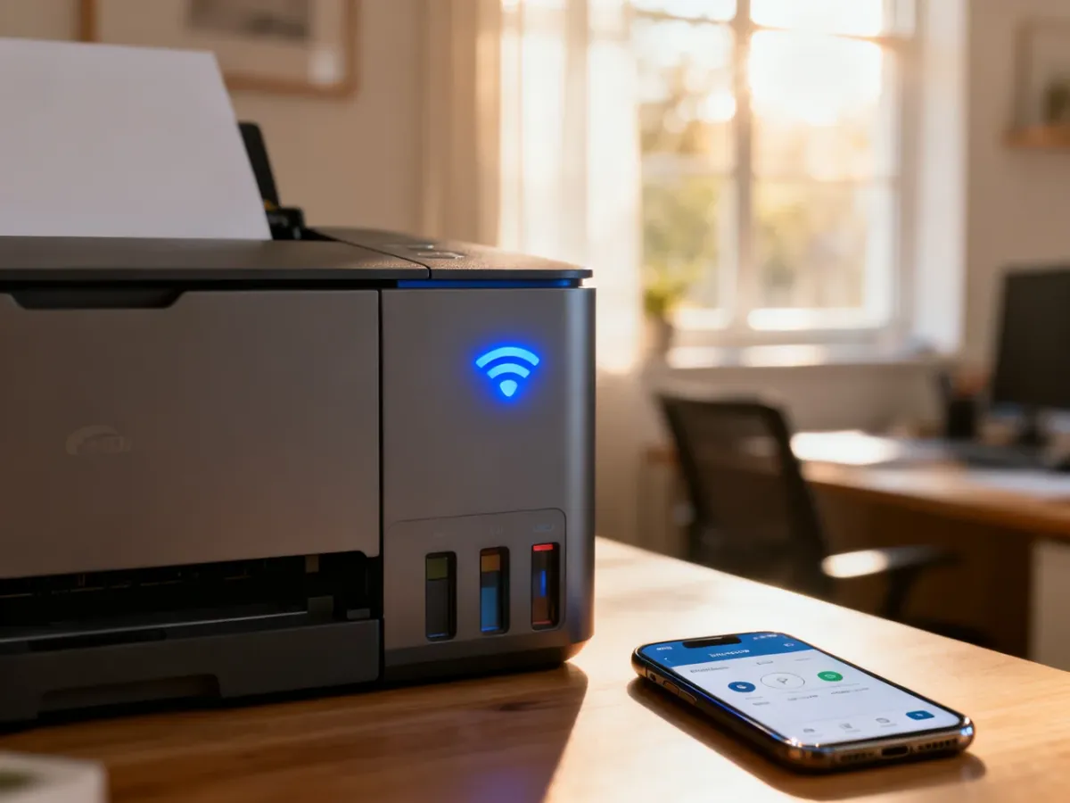 Nowoczesna drukarka bezprzewodowa z aktywnym wskaźnikiem Wi-Fi oraz smartfon z otwartą aplikacją do konfiguracji urządzenia.