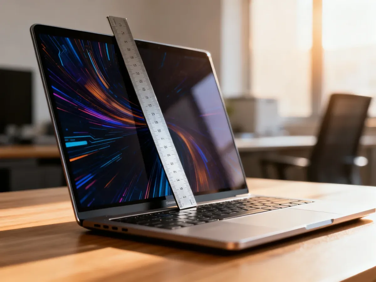 Metalowa linijka przyłożona do przekątnej ekranu nowoczesnego laptopa na drewnianym biurku.