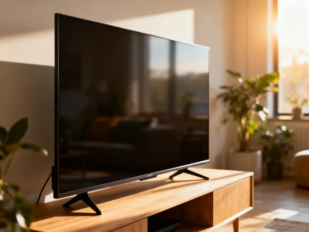 Nowoczesny telewizor 55-calowy ustawiony na drewnianej szafce w jasnym, przytulnym salonie.