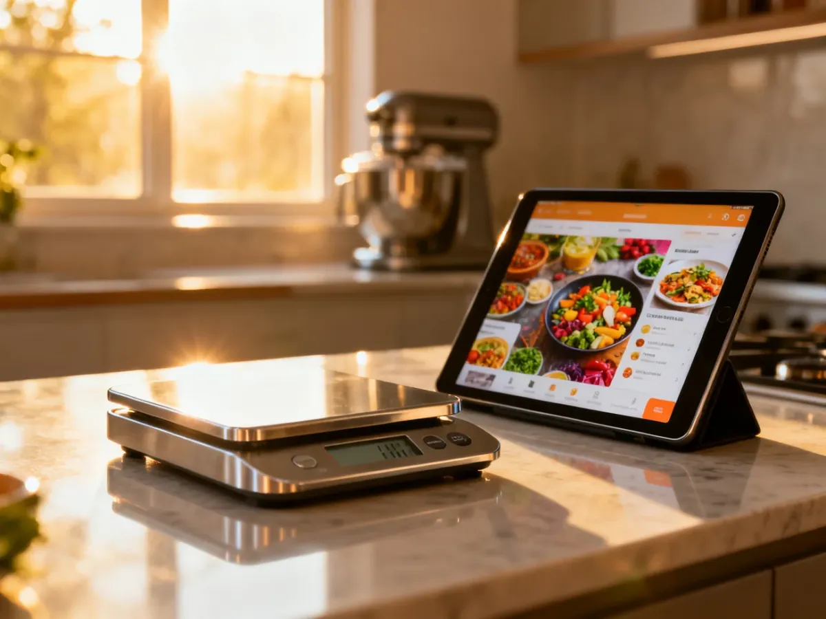 Tablet z wyświetlonym przepisem Cookidoo oraz waga kuchenna na blacie, podkreślające nowoczesne gotowanie z aplikacją.