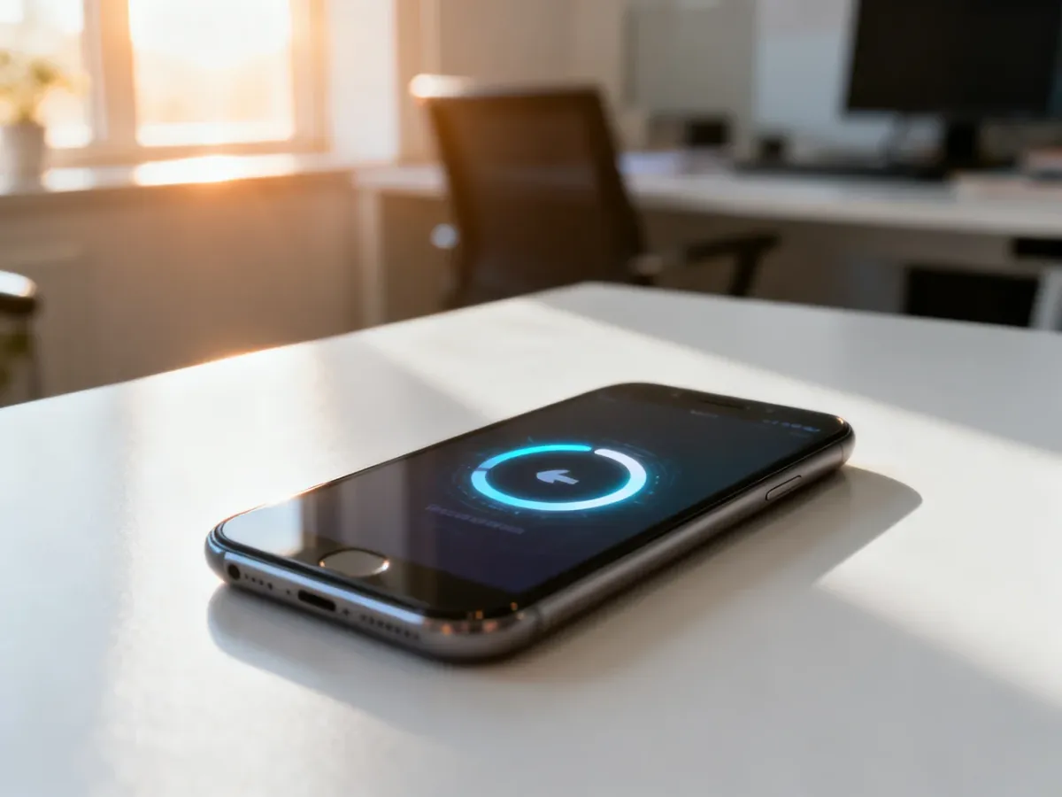 Nowoczesny smartfon leżący na biurku z wyświetloną ikoną ładowania, symbolizującą proces resetowania ustawień fabrycznych.