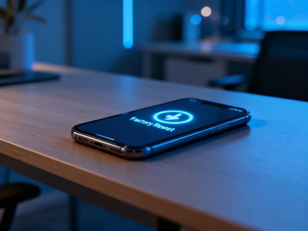 Smartfon na drewnianym biurku z ikoną resetowania ustawień fabrycznych na ekranie.