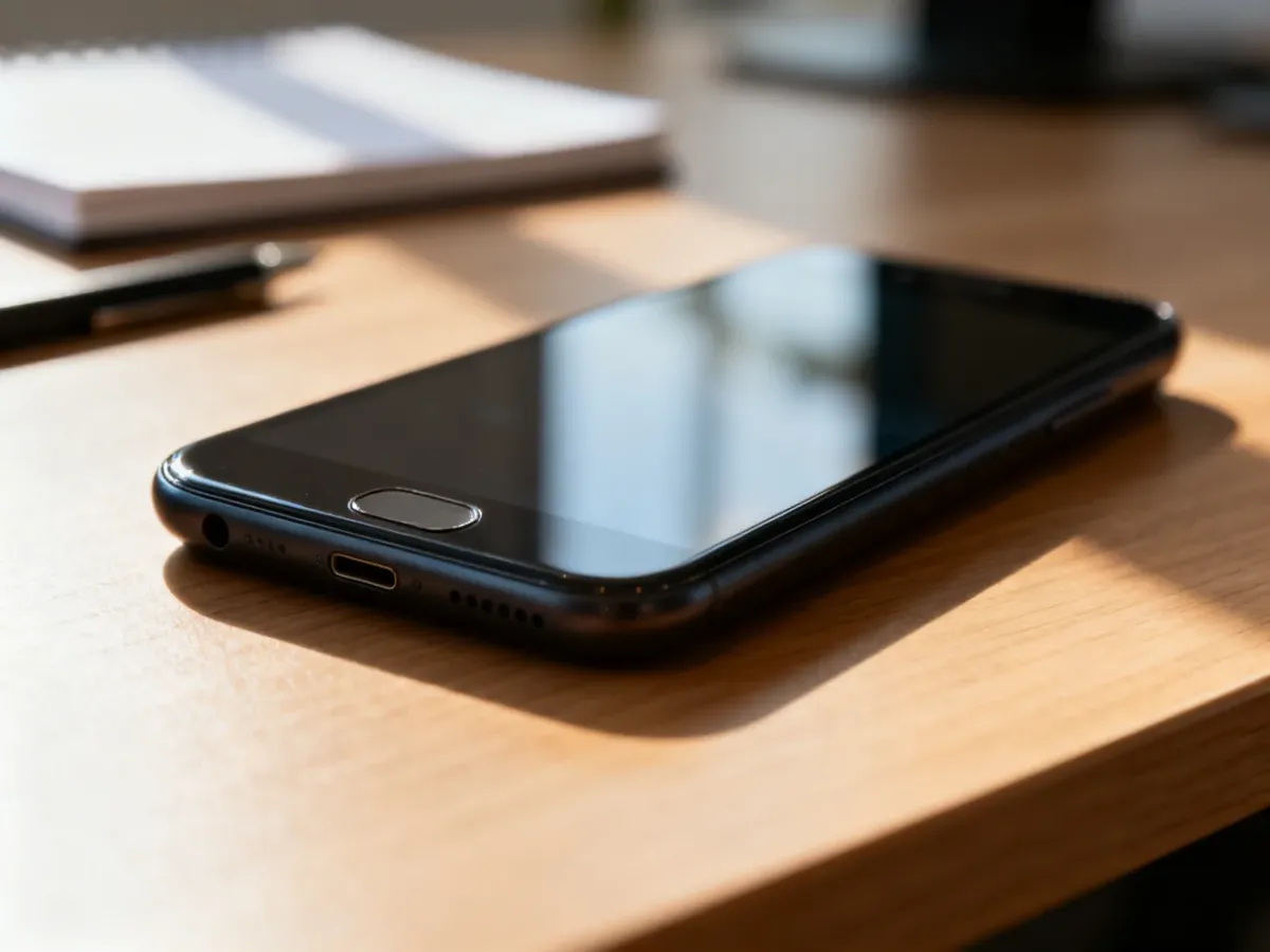 Smartfon leżący na biurku z widocznymi przyciskami bocznymi, które służą do resetowania urządzenia.