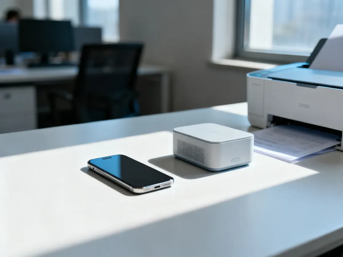 Smartfon leżący obok kompaktowej drukarki bezprzewodowej na minimalistycznym biurku w świetle poranka.
