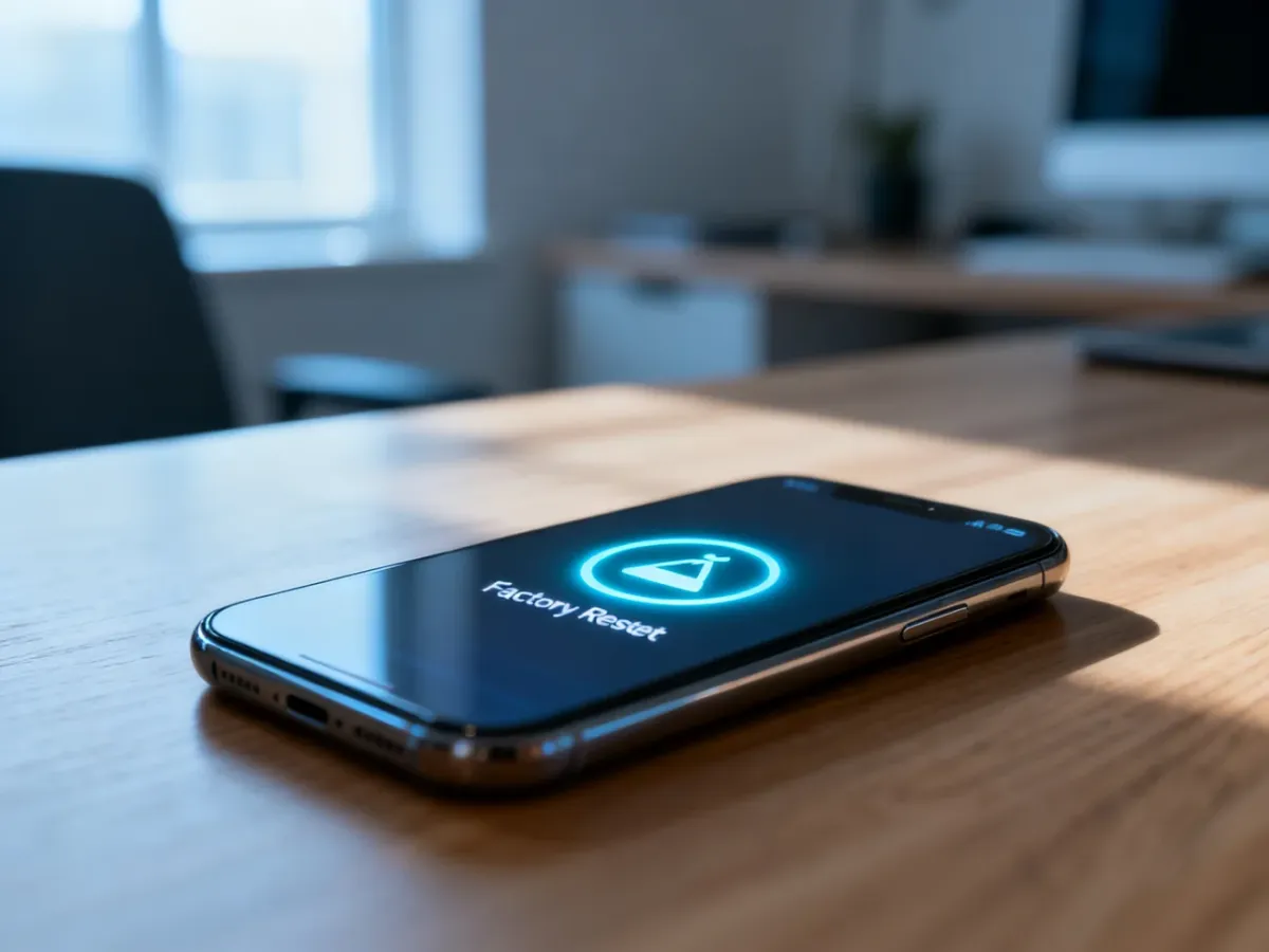 Nowoczesny smartfon z ikoną resetowania ustawień fabrycznych na ekranie, leżący na drewnianym biurku.