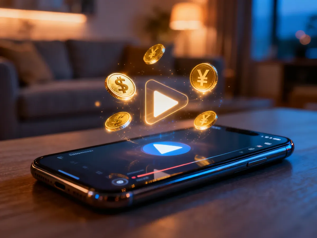 Smartfon z ikoną odtwarzania i złotymi monetami symbolizującymi płatną subskrypcję YouTube Premium.