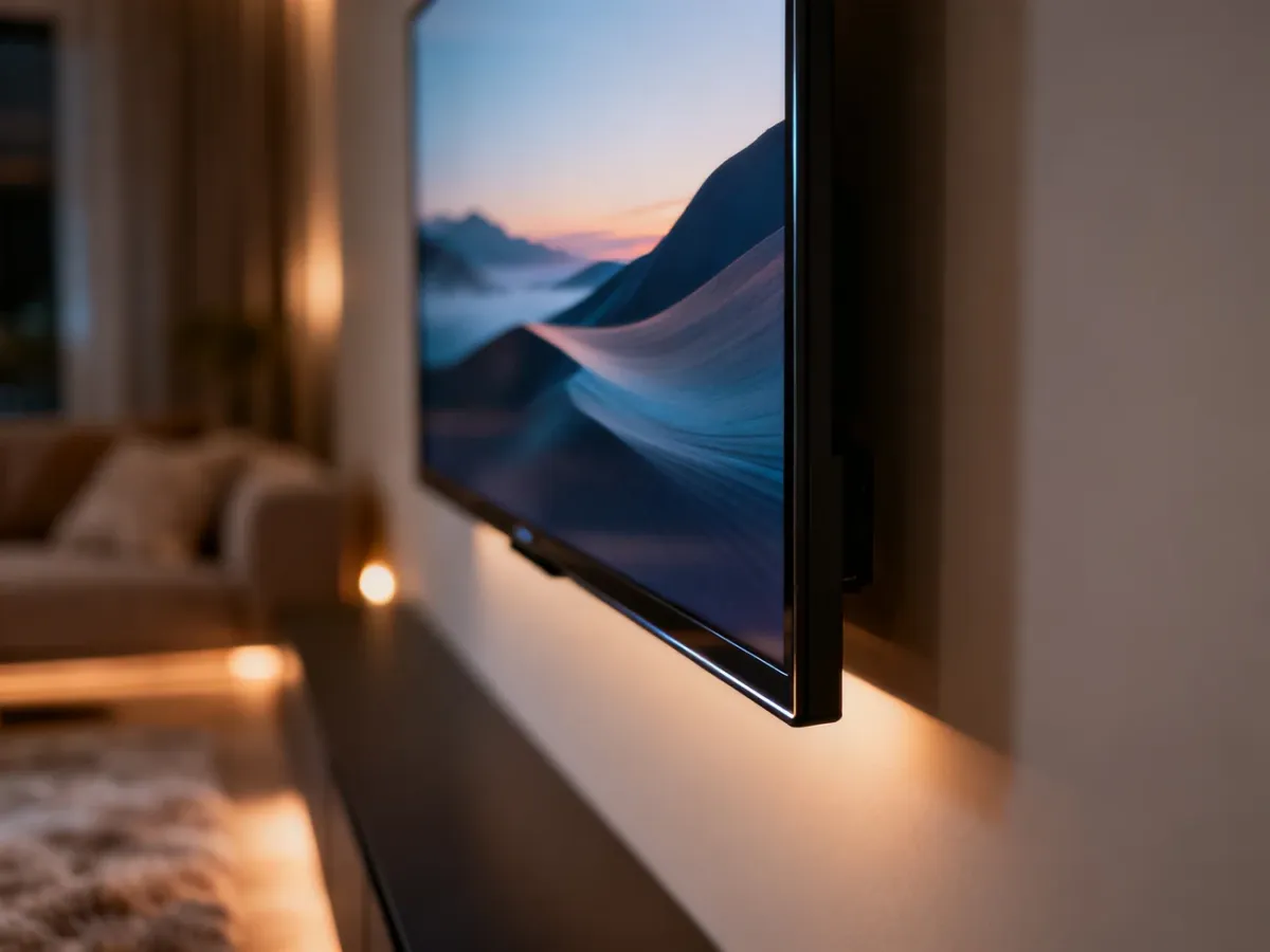 Nowoczesny telewizor 65 cali z cienką ramką, zamontowany na ścianie w przytulnym salonie z nastrojowym oświetleniem.