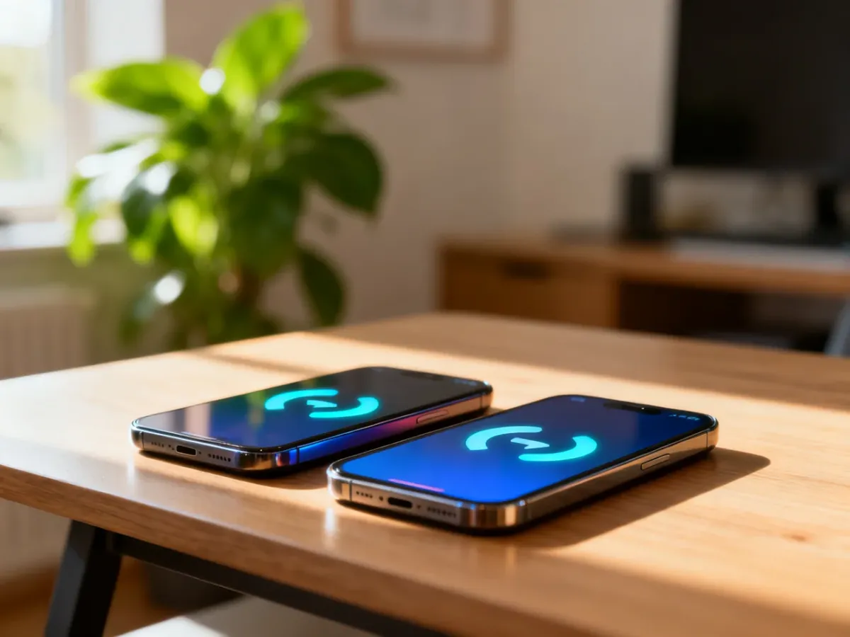 Dwa smartfony leżące obok siebie z ikoną synchronizacji na ekranach, symbolizujące proces przesyłania danych między telefonami.
