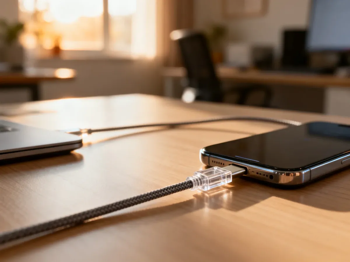Dwa smartfony połączone kablem USB-C na drewnianym biurku, ilustrujące proces przesyłania danych między urządzeniami.