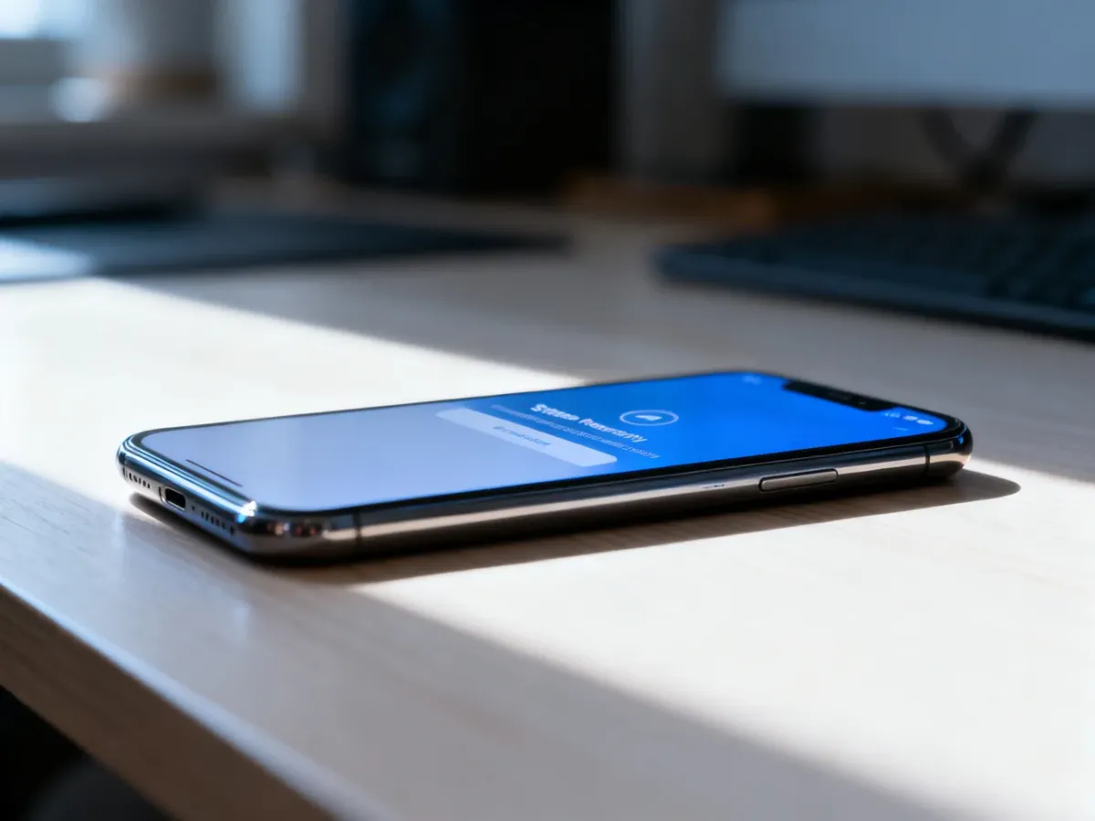 Nowoczesny smartfon z włączonym ekranem odzyskiwania systemu, leżący na drewnianym biurku w domowym biurze.