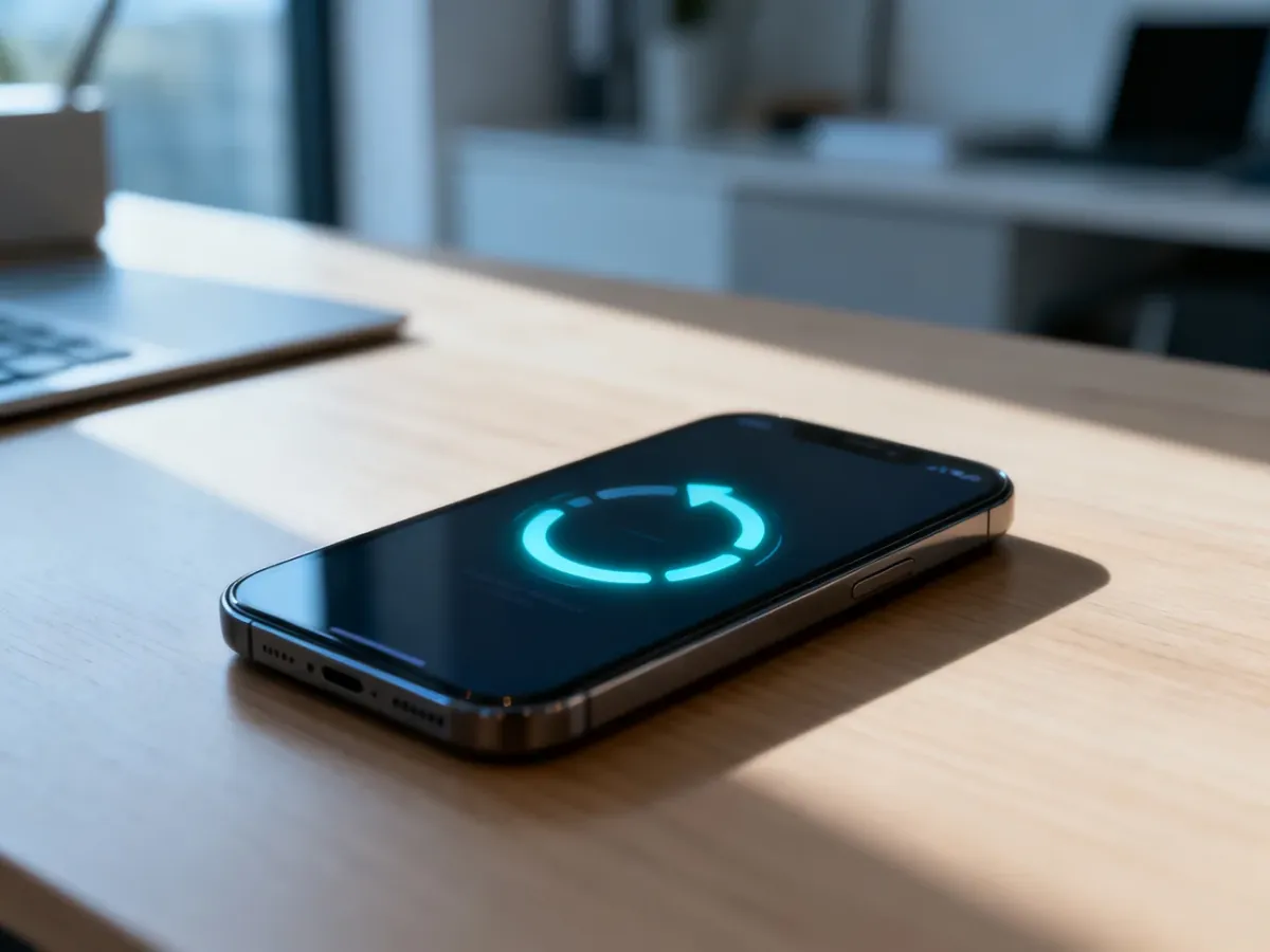 Nowoczesny smartfon na drewnianym biurku z ikoną resetowania systemu na ekranie, ilustrujący proces przywracania ustawień.