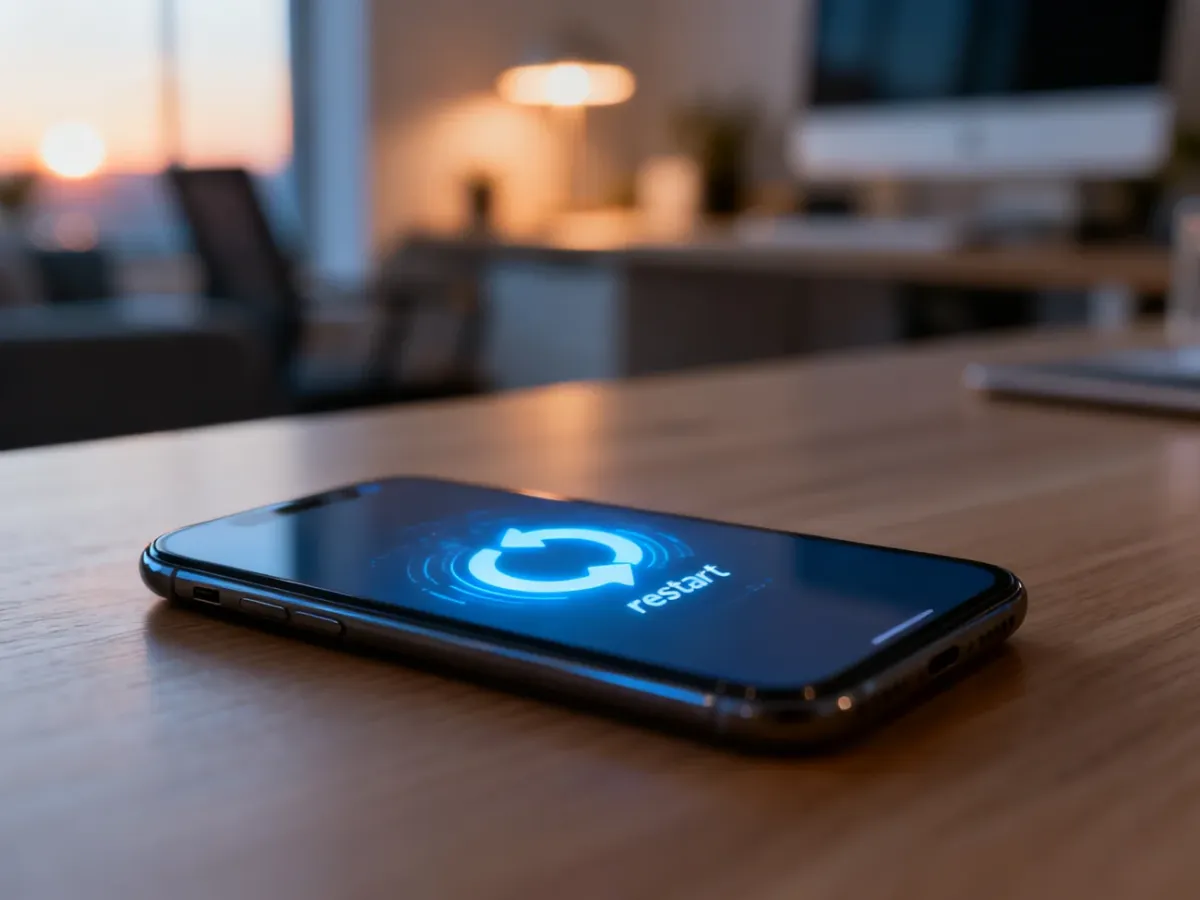 Nowoczesny smartfon z ikoną restartu na ekranie, leżący na drewnianym biurku w domowym biurze.