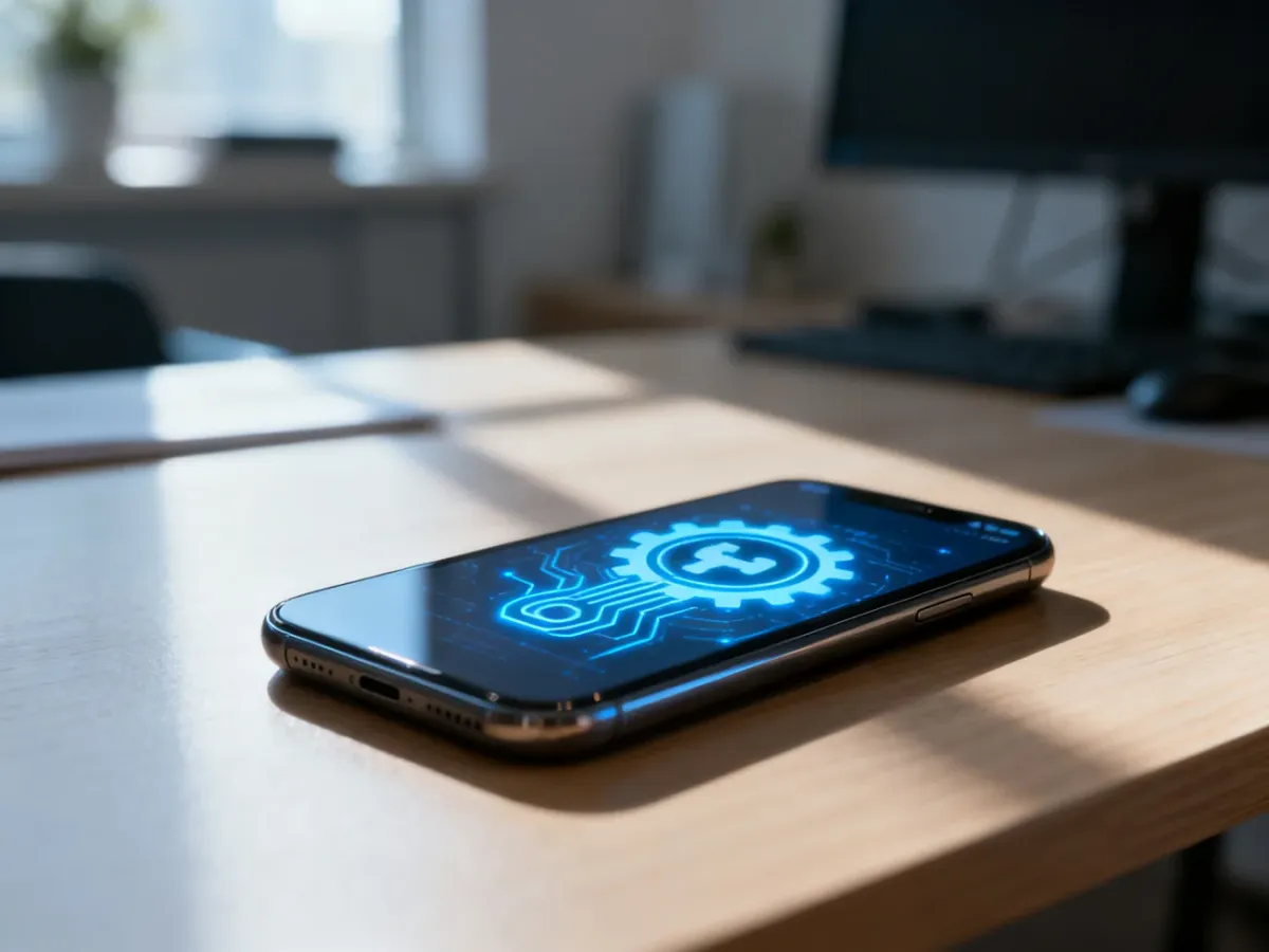 Nowoczesny smartfon na drewnianym biurku z ikoną resetowania systemu na ekranie, ilustrujący proces przywracania ustawień.