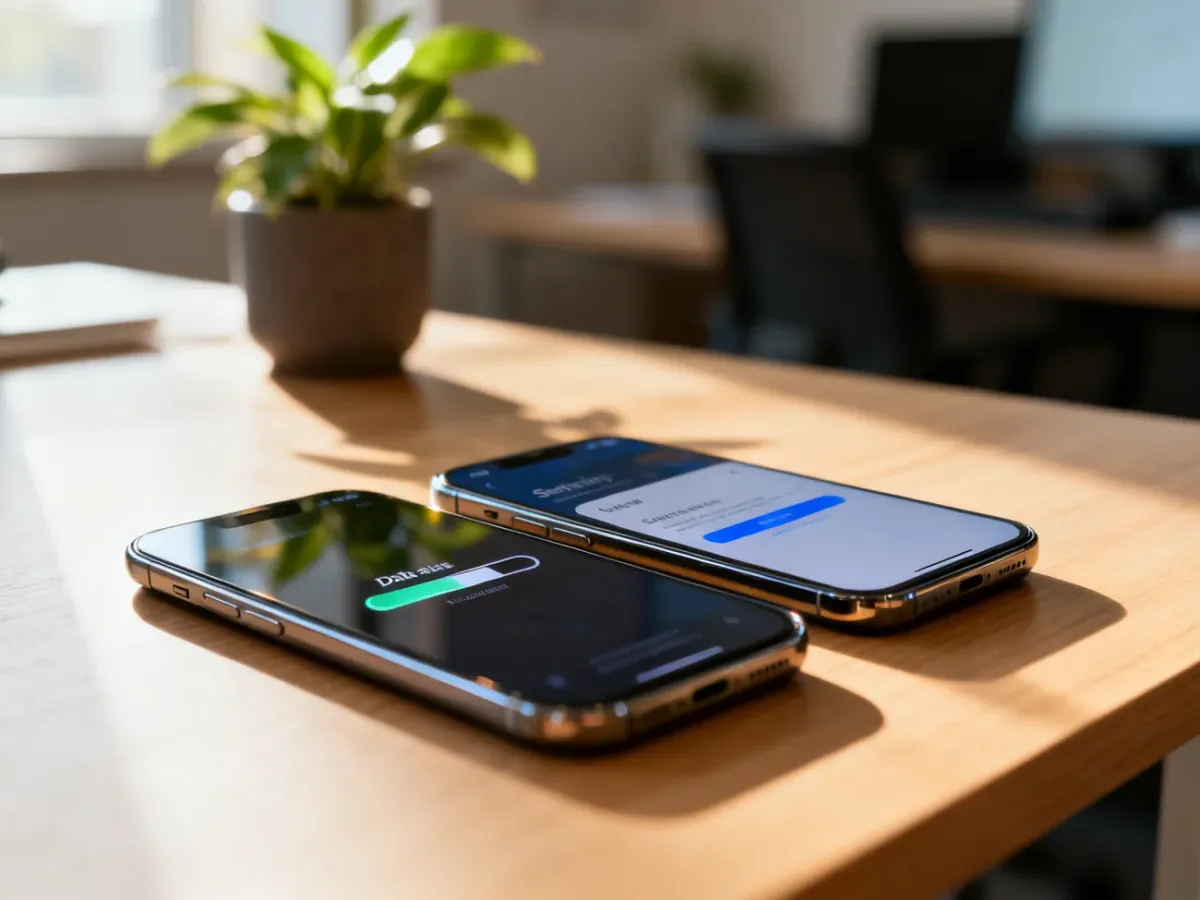 Dwa smartfony leżące na biurku podczas procesu przenoszenia danych między systemami Android i iOS.