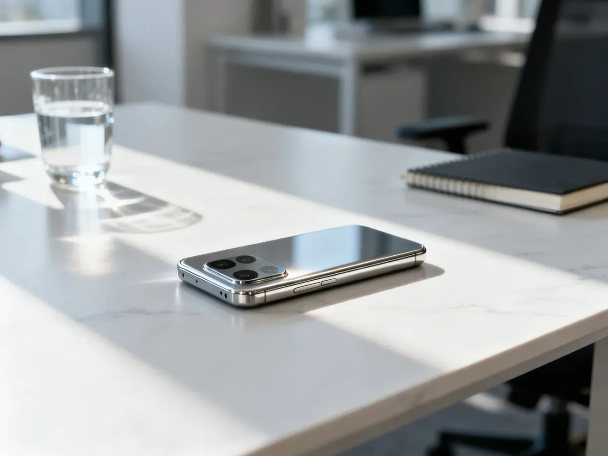iPhone 16 Pro Max leżący na marmurowym biurku w jasnym, nowoczesnym biurze. Elegancka prezentacja flagowego smartfona.