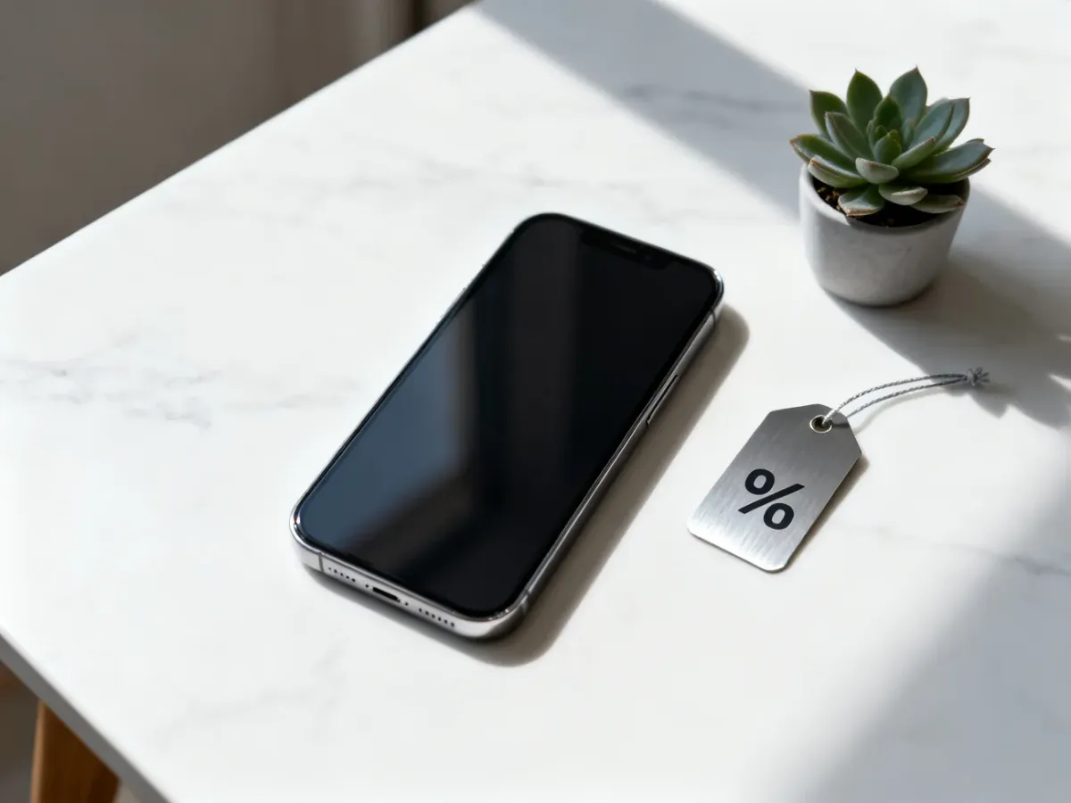 iPhone 15 leżący na marmurowym biurku obok ikony ceny, symbolizujący aktualne oferty zakupu smartfona.