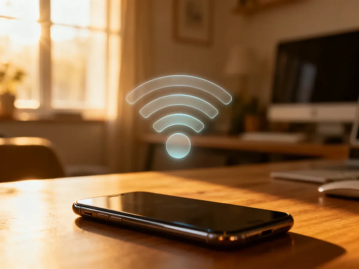 Nowoczesny smartfon na biurku z hologramem ikony Wi-Fi, symbolizujący działanie technologii WiFi Calling w domu.