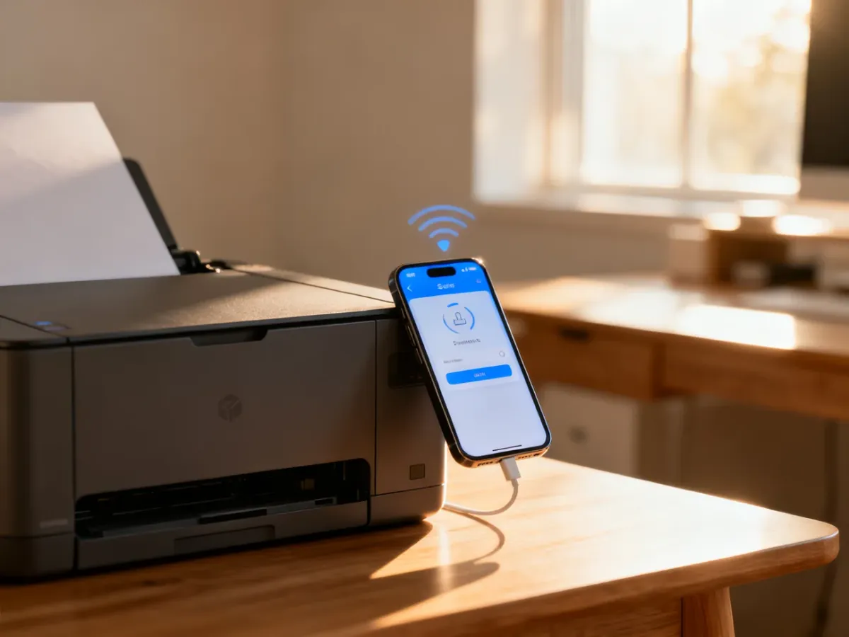 Drukarka HP na biurku bezprzewodowo połączona ze smartfonem z otwartą aplikacją konfiguracyjną w domowym biurze.