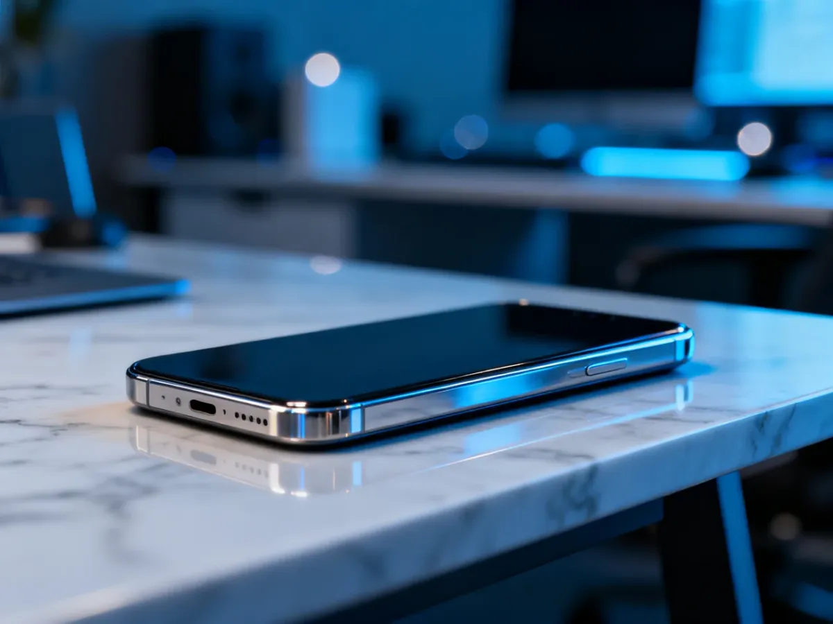 Nowoczesny smartfon klasy premium leżący na marmurowym blacie w eleganckim, minimalistycznym biurze.