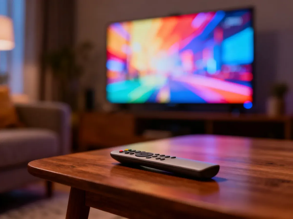 Pilot leżący na stoliku kawowym w przytulnym salonie z włączonym telewizorem, gotowy do oglądania filmów.