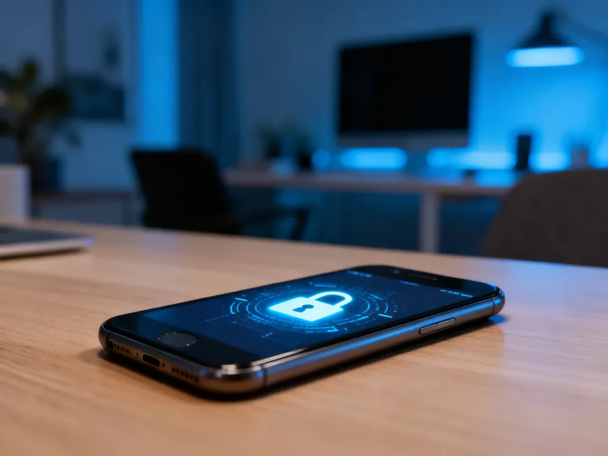Nowoczesny smartfon z ikoną kłódki na ekranie, leżący na drewnianym biurku w domowym biurze.