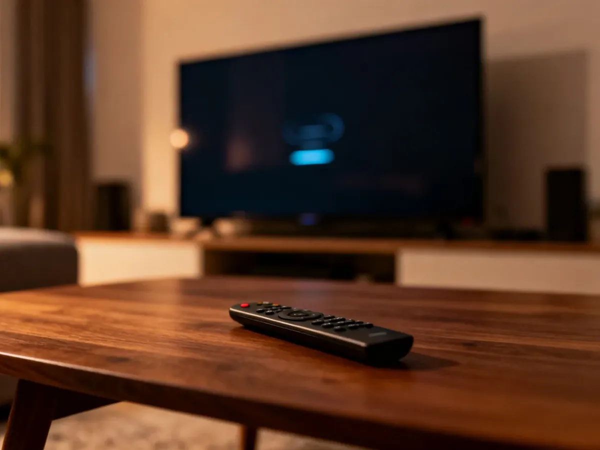 Nowoczesny salon z pilotem na stoliku kawowym i włączonym telewizorem, tworzący przytulną atmosferę do oglądania filmów.