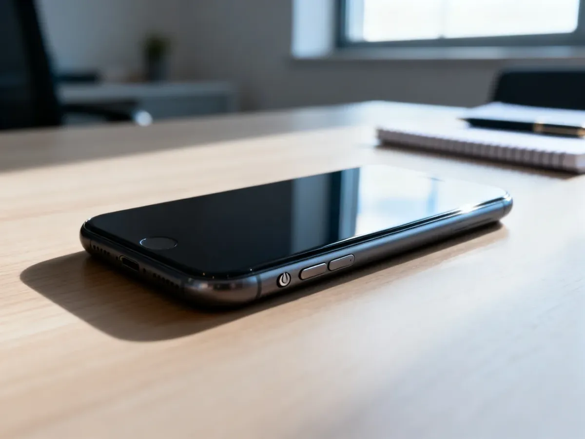 Nowoczesny smartfon leżący na drewnianym biurku z wyraźnie widocznymi przyciskami głośności i zasilania na boku obudowy.